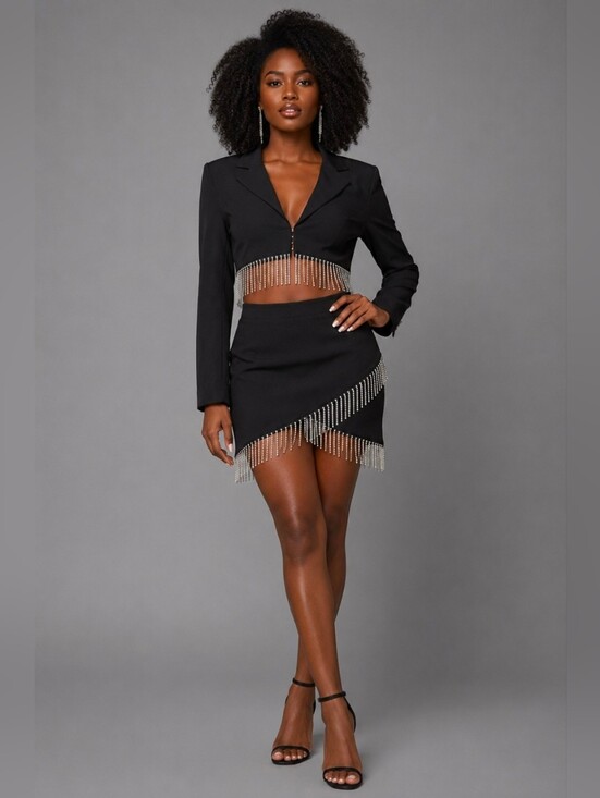 House of Harlow 1960 Dresses & Skirts - House of Harlow 1960 Rhinestone Fringe Blazer Skirt Set Women’s Size Small Y2K
